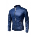 Mens Jacket Simple Quilted Detailing Zipper down Mock Neck Long Sleeve Slim Fitted Leather Jacket