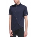 Mens Shirt Trendy Flourish Embroidered Oblique Zipper Asymmetric Hem Slim Fitted Stand Collar Short Sleeve Shirt