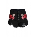 6 Cool Womens Shorts Peony Embroidered Ripped Frayed Cuffs Front Button Detail Regular Fitted A-Line Denim Shorts
