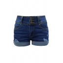 Classic Womens Blue Shorts Dark Wash Ripped Rolled Cuffs Three-Button Detail Slim Fitted Denim Shorts