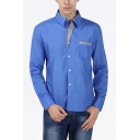 Mens Shirt Chic Stripe Panel Edging Turn-down Collar Button-down Slim Fitted Long Sleeve Shirt with Chest Pocket