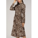 Camel Novelty Leopard Printed Slit Front Button up Turn-down Collar Long Sleeve Midi A-Line Dress for Women