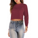 Pop Womens Solid Color Button Embellished Mock Neck Long Sleeve Slim Fit Crop T-Shirt