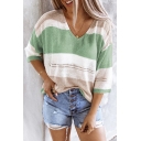 Chic Womens Striped Color Block Hollow Out V Neck 3/4 Sleeve Loose Knitwear Pullover Sweater
