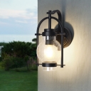 1-Light Wall Mount Light Industrial Lantern Seedy Glass Wall Lighting Fixture in Black with Curvy Arm