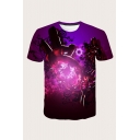 Cool Mens T-Shirt 3D Abstract Floral Leaf Butterfly Pattern Short Sleeve Crew Neck Regular Fit T-Shirt in Purple