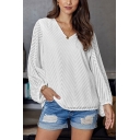 Chevron Applique Blouson Sleeve V-neck Relaxed Fit Chiffon Trendy Blouse Top in White