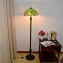 Stained Glass Domed Standing Light Mediterranean 3 Lights Green Floor Reading Lighting with Pull Chain