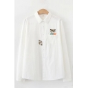 Lovely Cartoon Fox Embroidered Pocket Patched Lapel Collar Long Sleeve Button Front Shirt