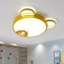 Cartoon Bear Iron Ceiling Flush Mount LED Flushmount Lighting in Gold for Nursery School