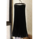 Fancy Skirt Solid Color Pleated High Waist Elastic Maxi A-Line Skirt for Ladies