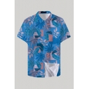 Stylish Shirt Cartoon Floral Leaf Rectangular Block Pattern Button up Regular Fitted Short-sleeved Spread Collar Shirt for Men
