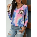 Popular Womens Leopard Tie Dye Printed Long Sleeve V-neck Chest Pocket Relaxed T Shirt