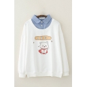 Classic Womens Sweatshirt Cat Elephant Chinese Korean Letter Pattern Lapel Collar False Two Pieces Long Sleeve Loose Fit Pullover Sweatshirt