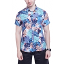 Classic Mens Shirt Bird Leaf Floral Printed Button-down Short Sleeve Point Collar Slim Fitted Shirt