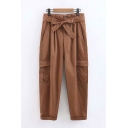 Novelty Womens Pants Solid Color Belted Bow Detail Pleated Cuffed Zipper Fly Ankle Length Loose Fit Tapered Relaxed Pants