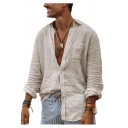 Mens Shirt Creative Cotton Linen Button up Turn-down Collar Long Sleeve Relaxed Fitted Shirt with Chest Pocket
