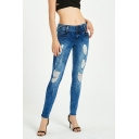 Womens Blue Jeans Trendy Acid Wash Ripped Low Waist Zipper Fly Slim Fit 7/8 Length Tapered Jeans