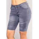 Vintage Womens Shorts Faded Wash Pleated Roll-up Stretch Slim Fitted Zipper Fly Denim Shorts