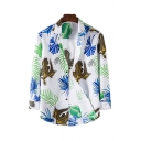Mens Shirt Simple Mixed Leaf Pattern Turn-down Collar Button-down Relaxed Fitted Long Sleeve Shirt