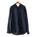 Retro Mens Shirt Plain Cotton Linen Curved Hem Back Drawstring Button Detail Long Sleeve Relaxed Fit Hooded Shirt