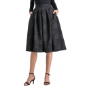 Women's Fancy Skirt Rose Floral Pattern Jacquard High Waist Pleated Detail Pocket Zip Fly Knee Length A-Line Skirt