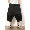 Leisure Mens Linen and Cotton Solid Color Drawstring Waist Cropped Baggy Pants