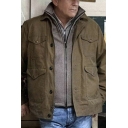 Mens Jacket Chic Solid Color Front Flap Pockets Button Detail Lapel Collar Loose Fit Long Sleeve Casual Jacket