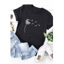 Womens Popular Dandelion Pattern Round Neck Roll Up Short Sleeve Loose Fit T-Shirt