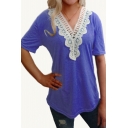 Casual Womens Lace Patchwork V Neck Short Sleeve Loose Fit Tee Top