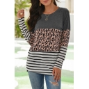 Trendy Womens Leopard Stripe Printed Long Sleeve Round Neck Loose Fit T Shirt