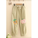 Trendy Pants Panda Bear Strawberry Pattern High Rise Pocket Drawstring Cuffed Regular Fitted Cropped Length Pants for Ladies