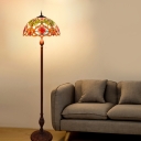 Baroque Bowl Standing Floor Lamp 3 Bulbs Hand Cut Glass Petal Patterned Floor Reading Light in Green with Pull Chain