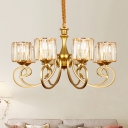 Crystal Block Cylinder Chandelier Postmodern 8 Heads Suspension Light with Scroll Arm in Gold