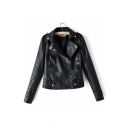 Fashion Notched Lapel Long Sleeve Plain Zipper Embellished Biker Jacket