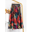 Chic Skirt Floral Pattern Colorblock Pleated High Rise Elastic Maxi A-Line Skirt for Women