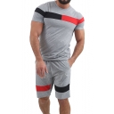 Summer Mens Trendy Colorblock Short Sleeve Slim T-Shirt with Drawstring Waist Shorts Training Two-Piece Set