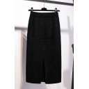 Cool Skirt Solid Color Striped Split High Rise Elastic Maxi A-Line Knit Skirt for Women