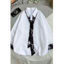 Mens Shirt Stylish Contrasted Flower Pattern Button-down 3/4 Sleeve Spread Collar Loose Fit Shirt with Tie