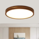 Brown Disk Flush Ceiling Light Asian Wooden LED Flushmount Lighting for Bedroom, 12