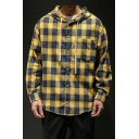Mens Shirt Chic Tartan Printed Chest Pocket Drawstring Button up Long Sleeve Relaxed Fit Hooded Shirt