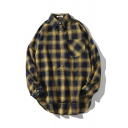 Cool Mens Shirt Tartan Printed Chest Pocket Button-down Curved Hem Back Long Sleeve Point Collar Loose Fit Shirt