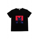 Popular Cartoon Cat Print Short Sleeve Crew Neck Relaxed Fit T-shirt in Black