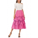 Fashion Womens Midi Skirt Solid Color Ruffle-trimmed Crinkle Elastic Waist Tiered Skirt