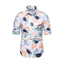 Basic Mens Shirt Mixed Leaf Woodpecker Printed Chest Pocket Button-down Half Sleeve Turn-down Collar Slim Fitted Shirt