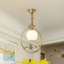 1 Light Orb Drop Pendant Traditional Gold Finish Ring Frosted Glass Hanging Ceiling Light with Ring Frame