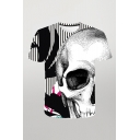 Classic Mens 3D Tee Top Skull Head Striped Printed Round Neck Regular Fit Short Sleeve Tee Top