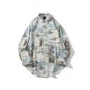 Fashionable Mens Shirt Floral Wave Feather Leaf Painted Curved Hem Button up Point Collar Full Sleeve Loose Fitted Shirt