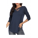 Stylish Solid Color Cut Out Front V Neck Long Sleeve Loose Fit T-Shirt for Women