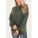 Popular Womens Leopard Printed Patchwork Crew Neck Bishop Long Sleeve Relaxed Fit Tee Top
